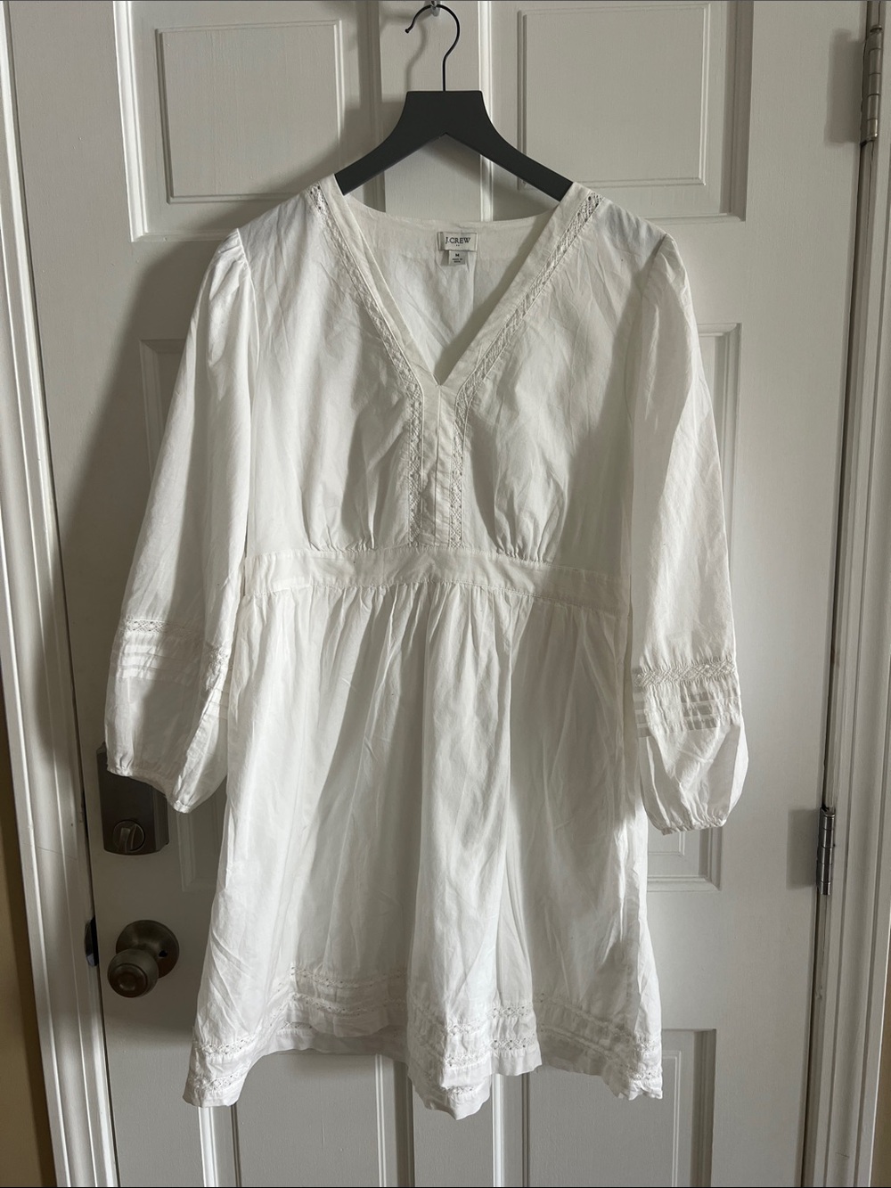 J. Crew White Cotton V-Neck dress with Lace Trim M